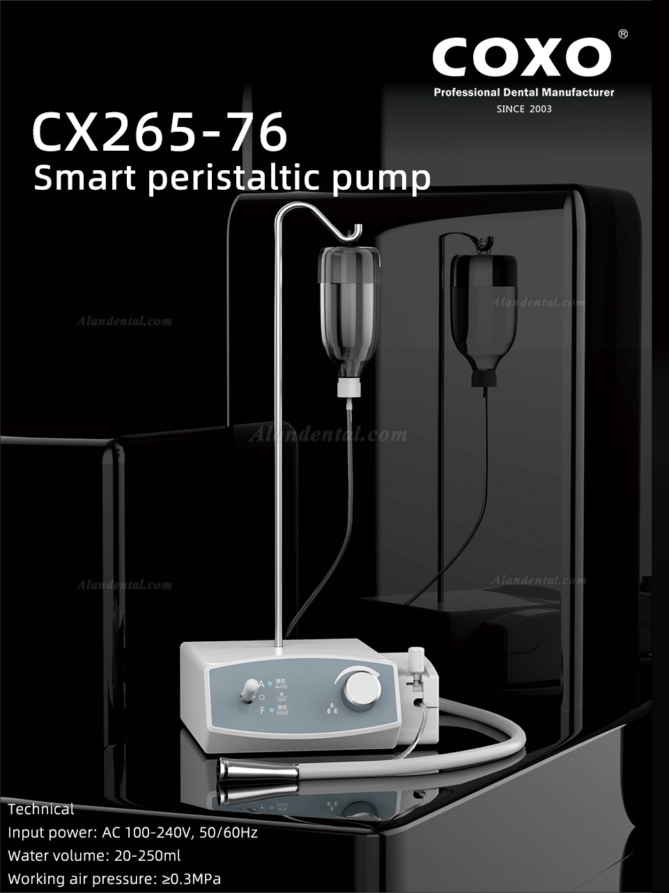 Technical: Name:COXO CX265-76 Smart Peristaltic Pump Input power:AC 100-240V,50/60HZ Water volume:20-250ml Working air pressure：>=0.3MPA Use:Equipped with an electric motor to obtain a sterile enviroment  Feature 1.Automatic water supply 2.Pedal water supply 3.Adjustable water quantity.